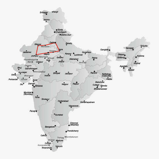 De route van de rondreis Noord-India en Nepal<br>